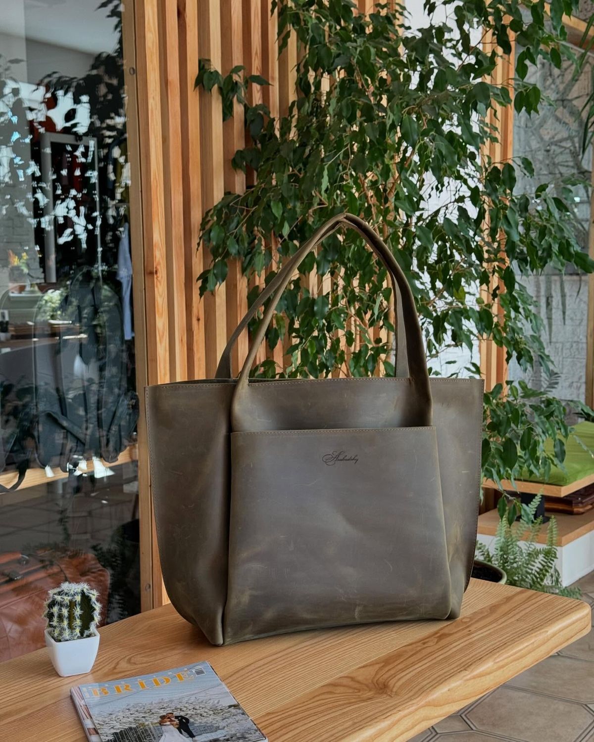 Жіноча сумка-тоут "Khaki Vintage" зі шкіри Crazy Horse a110281 фото
